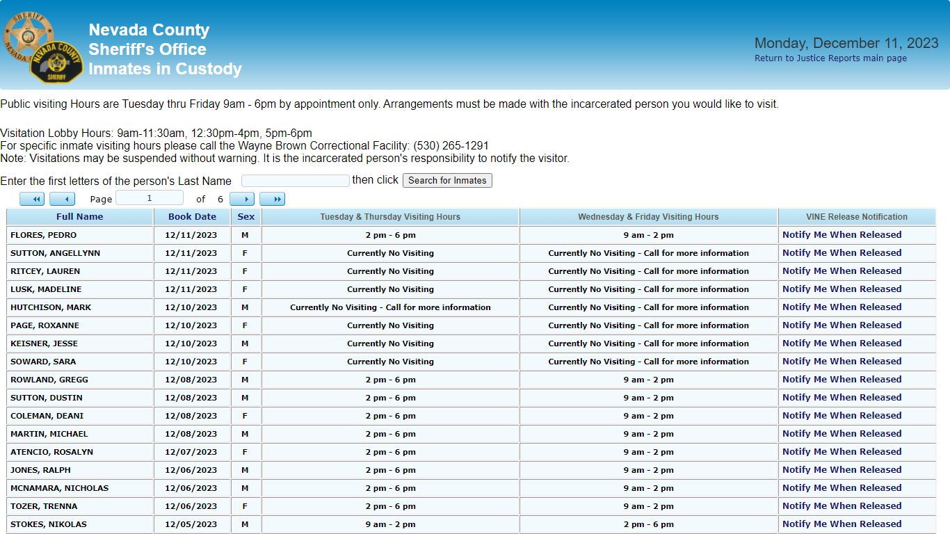 Inmates in Custody - County of Nevada Public Reporting